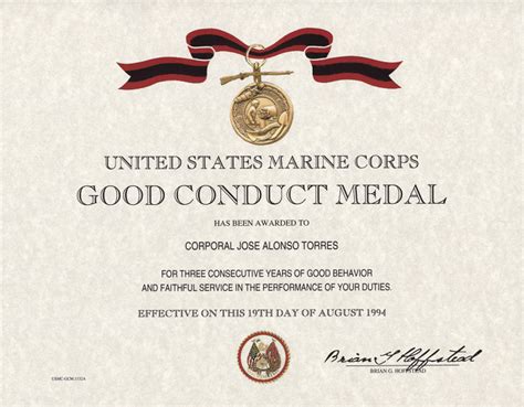 Usmc Good Conduct Medal Certificate