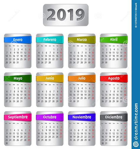 2019 Spanish Calendar With Seasonal Stickers Stock Vector