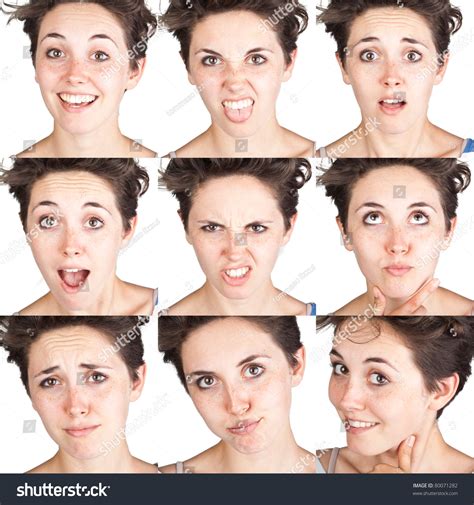 Young Woman Face Expressions Composite Isolated On White Background