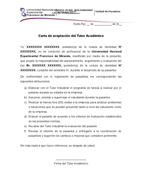 Carta De Aceptacion Del Tutor Academico Pdf