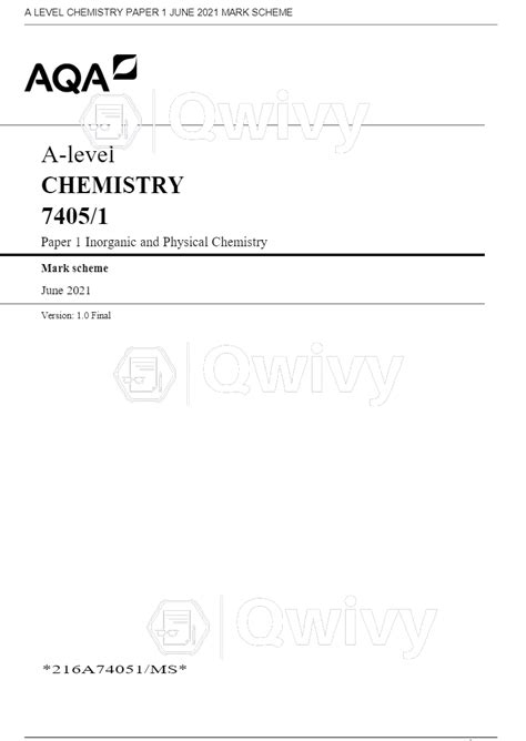 Aqa A Level Chemistry Paper 1 Marking Scheme 2021 June 2021 Final Mark Scheme Chemistry