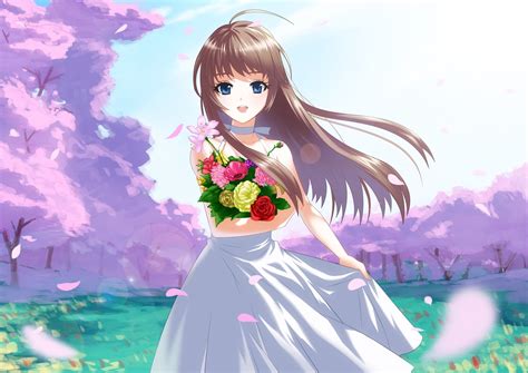 2560x1080 Resolution Female Anime Character Holding Bouquet Of