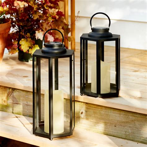 Rigel Hexagonal Metal Lantern With Solar Led Candle Large Outdoor