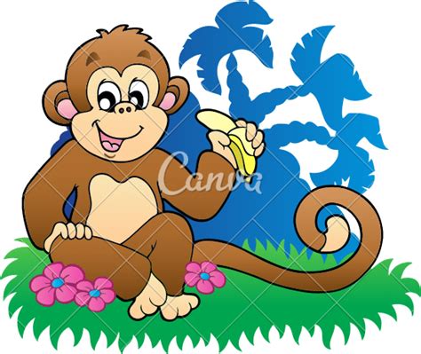 Monkey Eating Banana Near Palms 素材 Canva可画