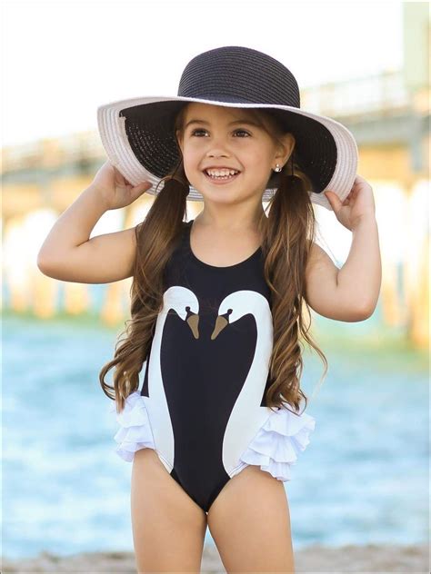 Mia Belle Girls Swan Side Ruffle One Piece Swimsuit Toddler And Girls