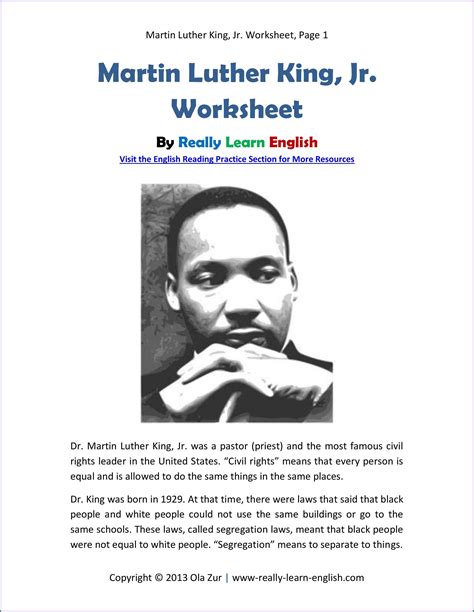 Free Martin Luther King Jr Reading Comprehension Worksheets Worksheet