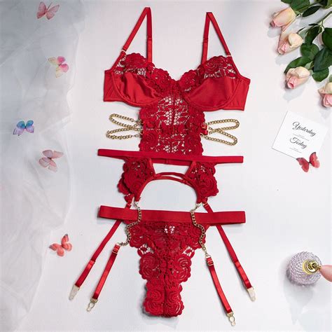 Red Sexy Hot Lingerie For Women Hollow Lace Bodysuit See Through Bra