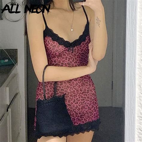 Allneon Y2k Aesthetics Lace Trim Leopard Printing Party Cami Dresses E Girl Spaghetti Strap V