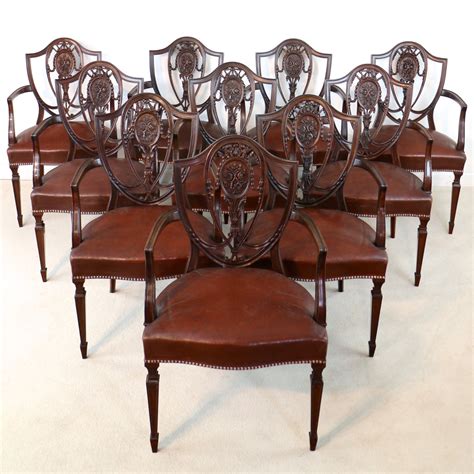 Set Of 10 Victorian Hepplewhite Design Shield Back Carver Dining Chairs