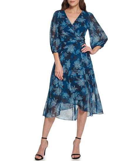 Dkny Floral Print Chiffon Surplice V Neck 3 4 Balloon Sleeve Faux Wrap Midi Dress Dillard S