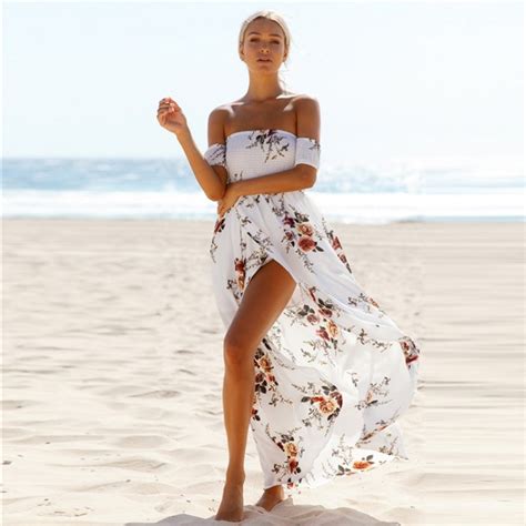 Boho Style Long Dress Women Off Shoulder Beach Summer Dresses Floral Print Vintage Chiffon White