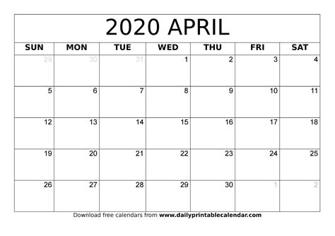Blank April 2020 Monthly Calendar Planner Templates