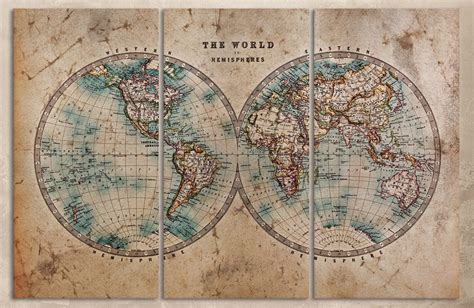 Large World Map World In Hemispheres Leather Printvintage World Map