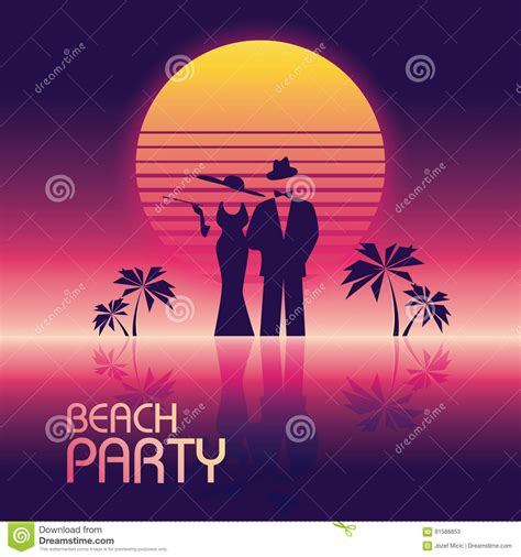 Summer Beach Party Vector Banner Or Flyer Template 80s Retro Neon Glow