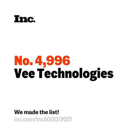 Vee Technologies Is A 2021 Inc 5000 Honoree