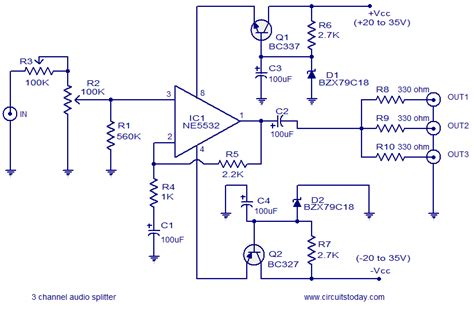 The simplest audio amplifier circuit diagram. 3 channel audio splitter - Electronic Circuits and Diagrams-Electronic Projects and Design