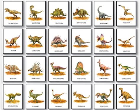 24 Dinosaur Names Posters Watercolor Realistic Dinosaurs Decor Etsy
