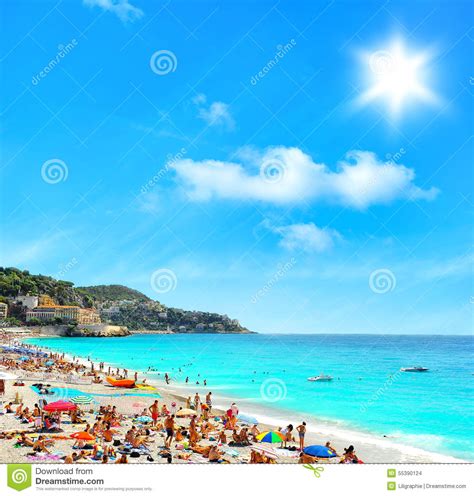 Tourists Sunbeds And Umbrellas On Hot Day Travel Background Stock