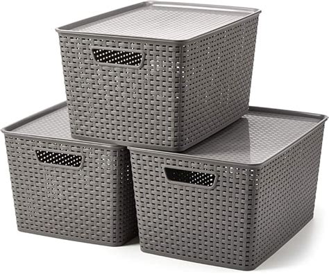 Ezoware Set Of 3 Large Plastic Knitted Woven Storage Basket With Lid