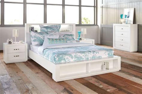 Outstanding White Lacquer Solid Oak Wood Harvey Norman Summit Queen Bed Together With Light Sky
