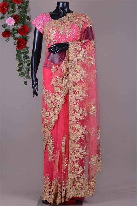 brink pink net sequins embroidered saree vg3901 indian fashion dresses stylish sarees saree look