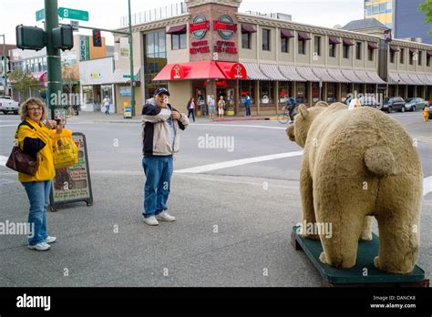 Tourists Photograph A Fake Grizzly Bear On The Sidewalk Anchorage
