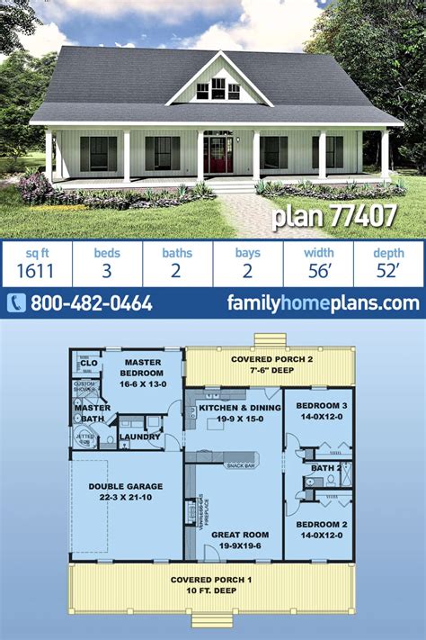 Southern Style House Plan 77407 With 3 Bed 2 Bath 2 Car Garage