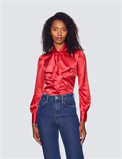 Womens Red Fitted Luxury Satin Blouse Pussy Bow Hawes And Curtis