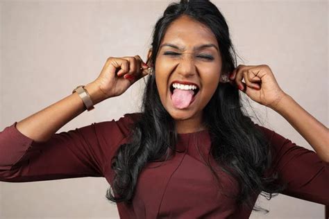 Asian Indian Origin Dark Skin Tone Beautiful Woman Facial Hand Expression Making Faces Hand