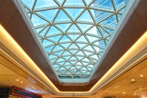 Glass Roof Of Modern Commercial Building With Led Light Stock Photo