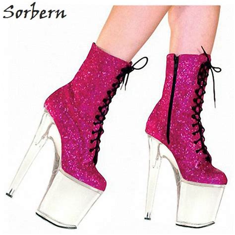 119 0us Sorbern Crystal Pink Lace Up Ankle Boots Round Toe Super High Heels 20cm Platform