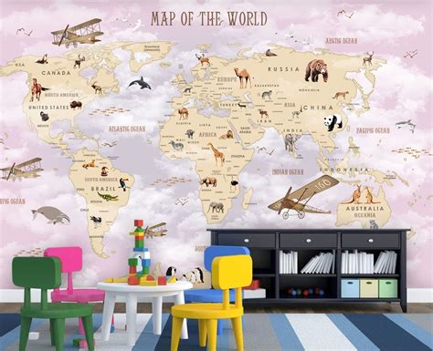 Nursery And Child Room Wallpaper World Map Wall Mural Child Etsy