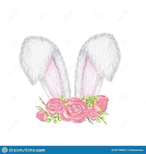 Watercolor Easter Bunny Ears With Pink Floral Crown Isolated