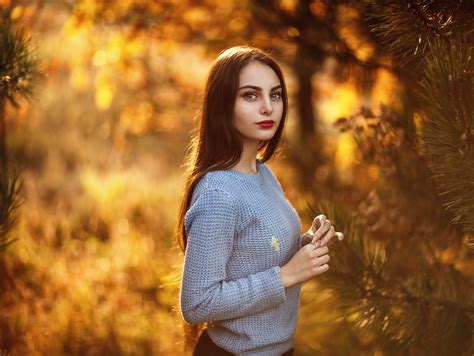 Wallpaper Model Brunette Long Hair Portrait Fall Leaves Forest