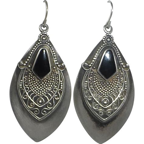 Sterling Ethnic Earrings Black Onyx And Granulated Design From Bejewelled