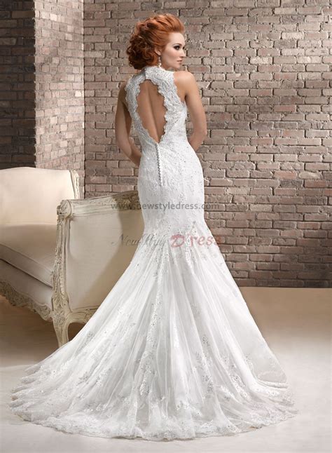 Halter Mermaid Lace Sheath Elegant Button Wedding Dresses With Veil Nw 0194