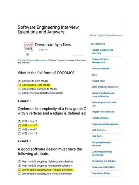 Software Engineering Interview Questions And Answers Pdf C