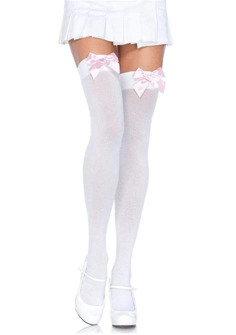 we love to add these white opaque thigh high stockings with pink satin bows to our costumes the