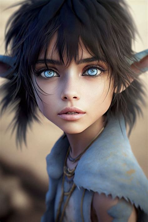 an animated character with blue eyes and black hair wearing a costume that has horns on it