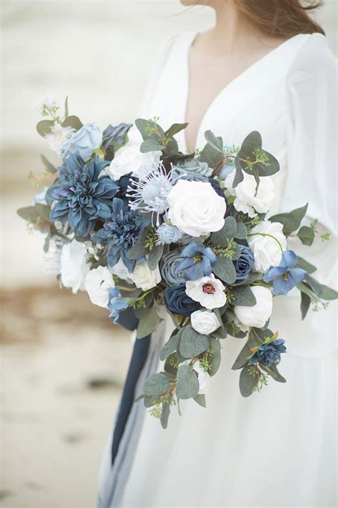 French Dusty Blue Artificial Flowers Box Set 8 Tones Blue Wedding