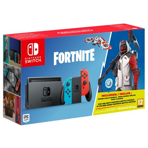 Includes the nintendo switch console and nintendo switch dock in black, with contrasting left and right joy‑con controllers—one red, one blue. Nintendo Switch Limited Edition Fortnite Bundle (incl ...