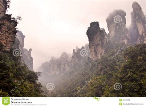 Misty Steep Mountain Peaks In Zhangjiajie Stock Photo Image Of Travel