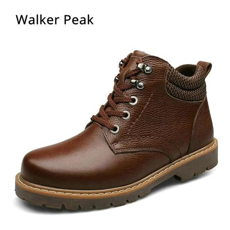Mens Genuine Leather Boots Ankle Warm Snow Boots For Men Winter Shoes