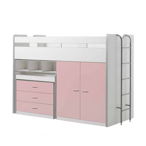 Vipack Bonny High Sleeper With Wardrobe Chest Of Drawers And Pull Out Desk Light Pink High