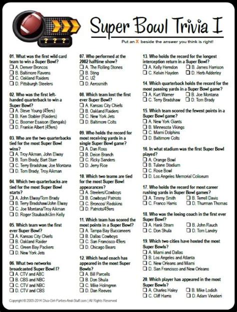 Free Printable Multiple Choice Super Bowl Trivia Game Download And Answers At Diva Girl Parties