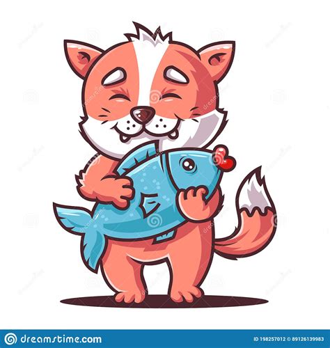 Hungry Cat Is Holding A Big Fish Fox Angler Stock Vector
