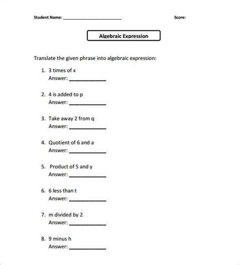 13 Simple Algebra Worksheet Templates Word Pdf Free