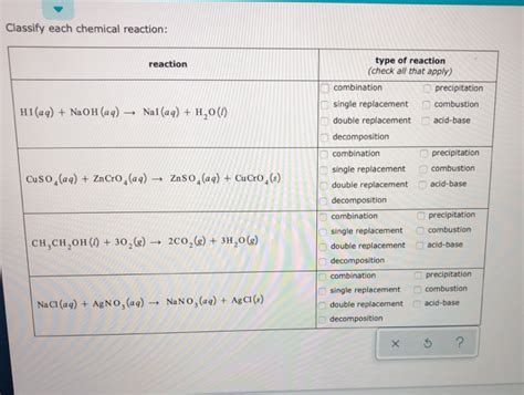 Solved Classify Each Chemical Reaction Reaction Type Of