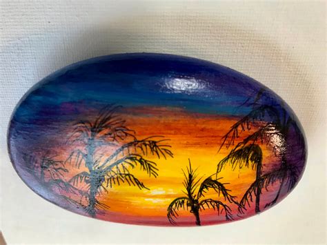 Rock Painting Of Sunset With Palm Trees Etsy