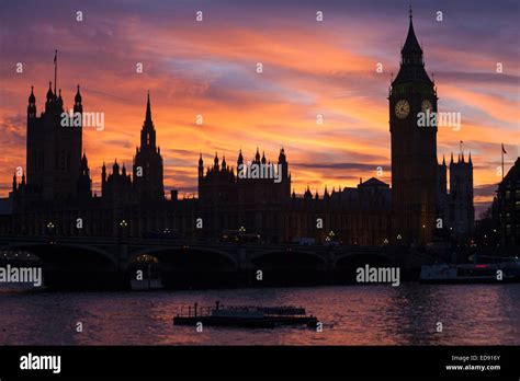 Dramatic Sunset Silhouetting London Skyline Of Big Ben And Houses Of